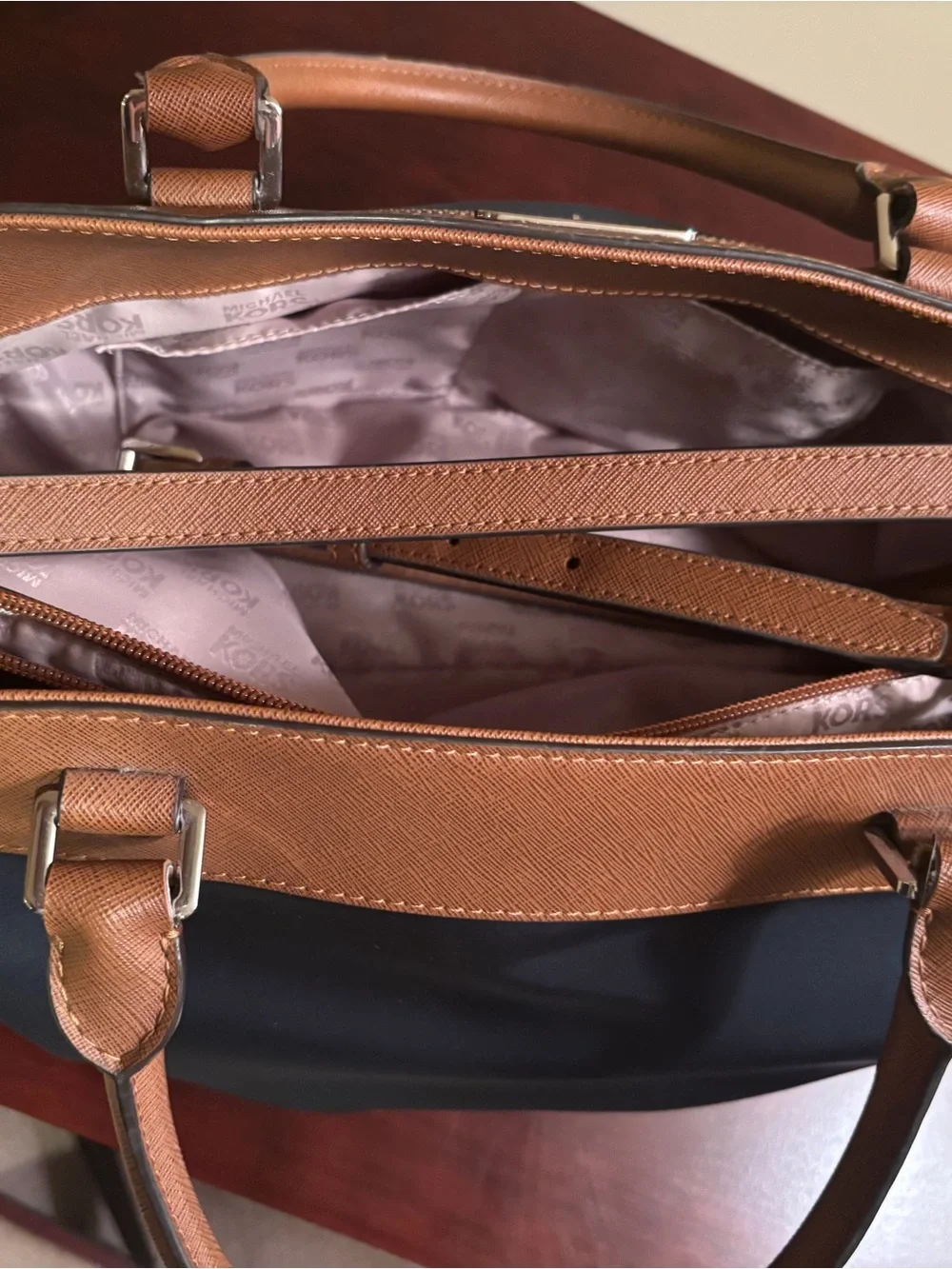 Michael Kors Navy and Brown Leather-Trim Computer Tote
